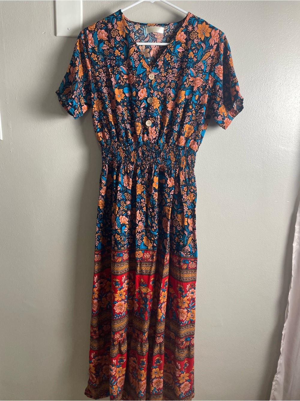 Button-Front Smocked Floral Maxi Dress in Navy and Red